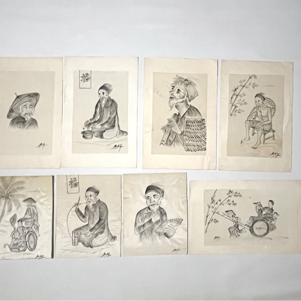 Bundle of 8 Original Vietnamese Art Drawings On Silk by Beky, Street Artist